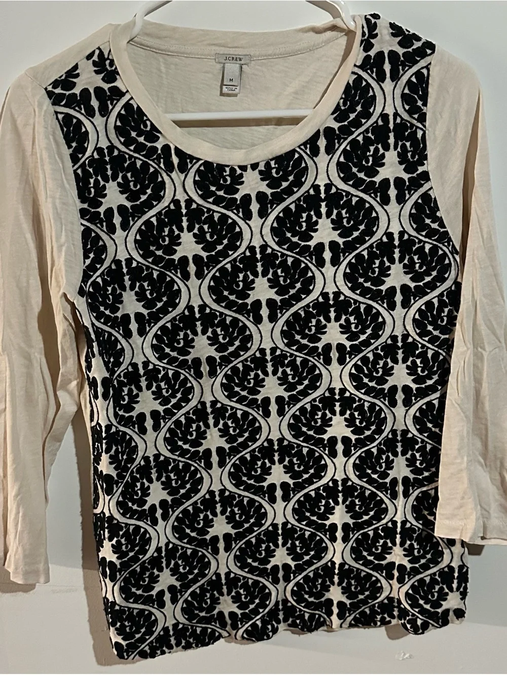 J. Crew Cream Long-Sleeve Top with Black Velvet Damask Front